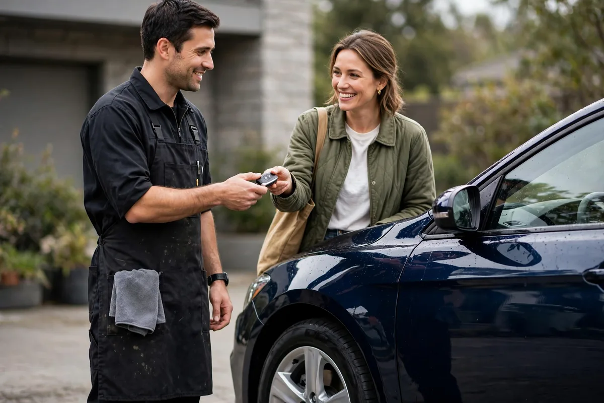 Car detailer handing keys back to a happy owner beside a freshly detailed car for a car detailing business