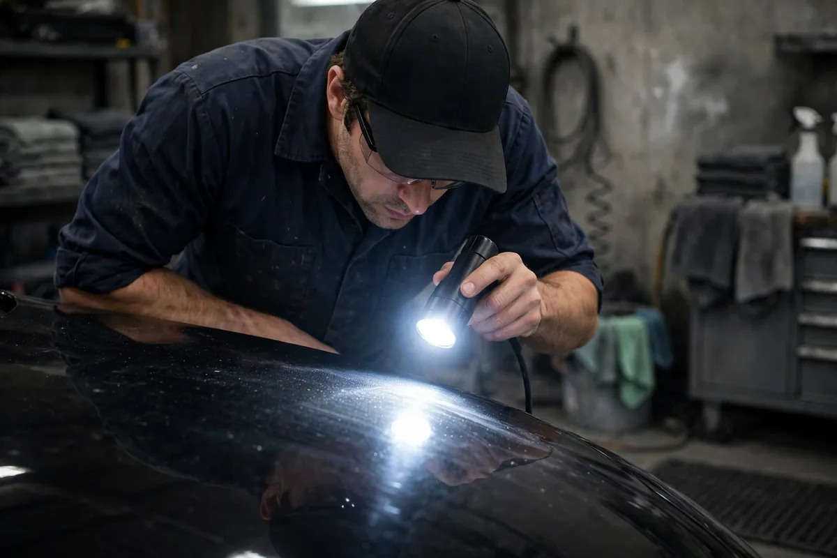 Detailer inspecting car paint with a bright light in a garage for a car detailing business