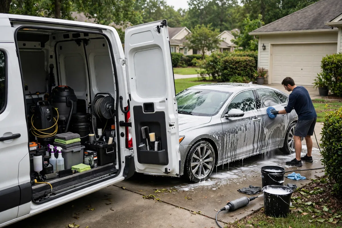 Mobile car detailing van with equipment beside a clean car for a car detailing business