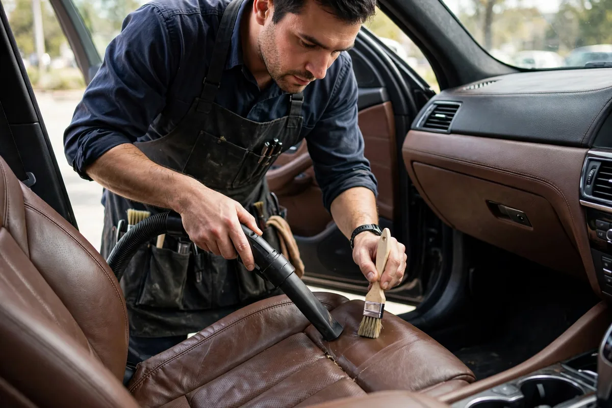 Detailer cleaning a car interior with a vacuum and brushes for a car detailing business