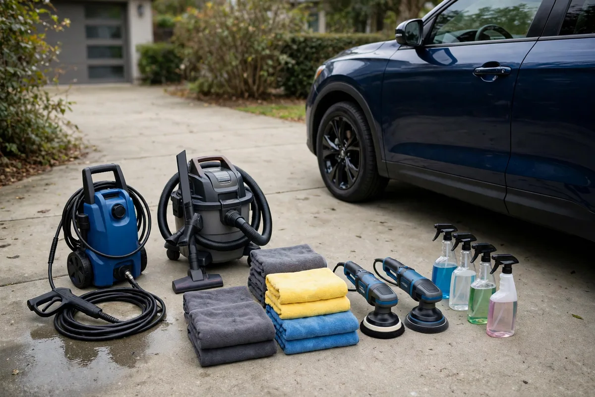 Car detailing startup equipment including pressure washer vacuum towels and polishers for a car detailing business