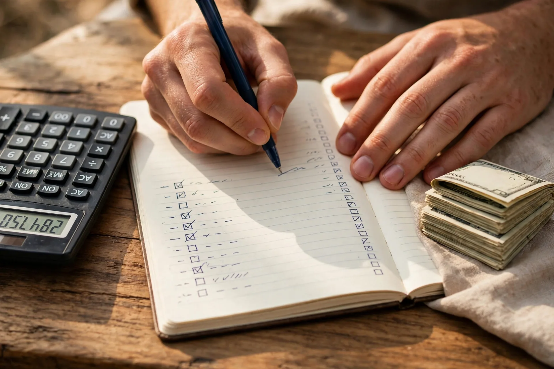 Hands writing a debt payoff list in a notebook with a calculator and bills on the desk