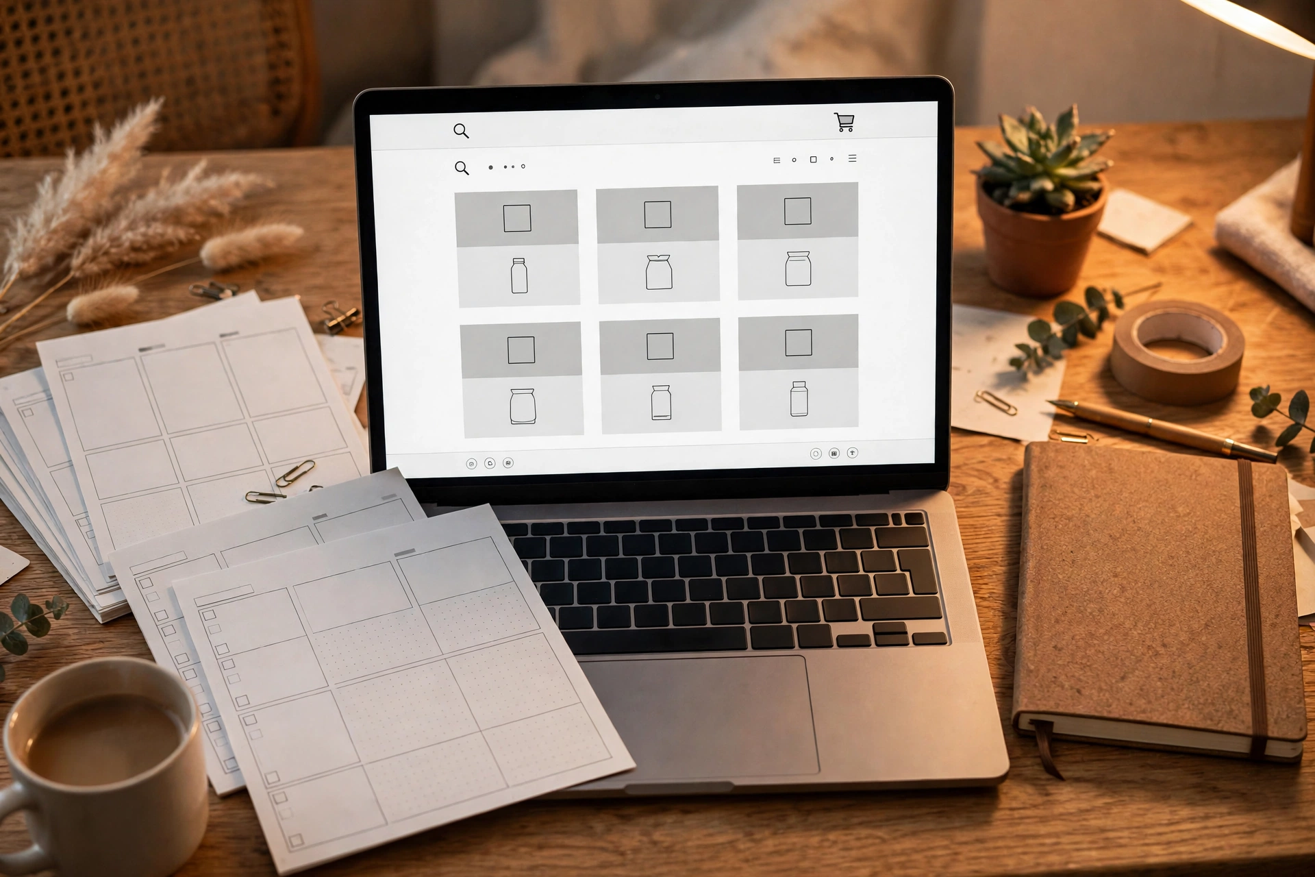 Creator desk with laptop shop page and planner pages, ChatGPT digital products