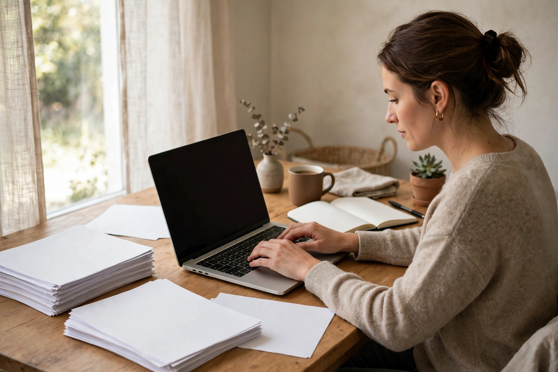 Freelance writer typing on a laptop at a home desk, ChatGPT freelance work