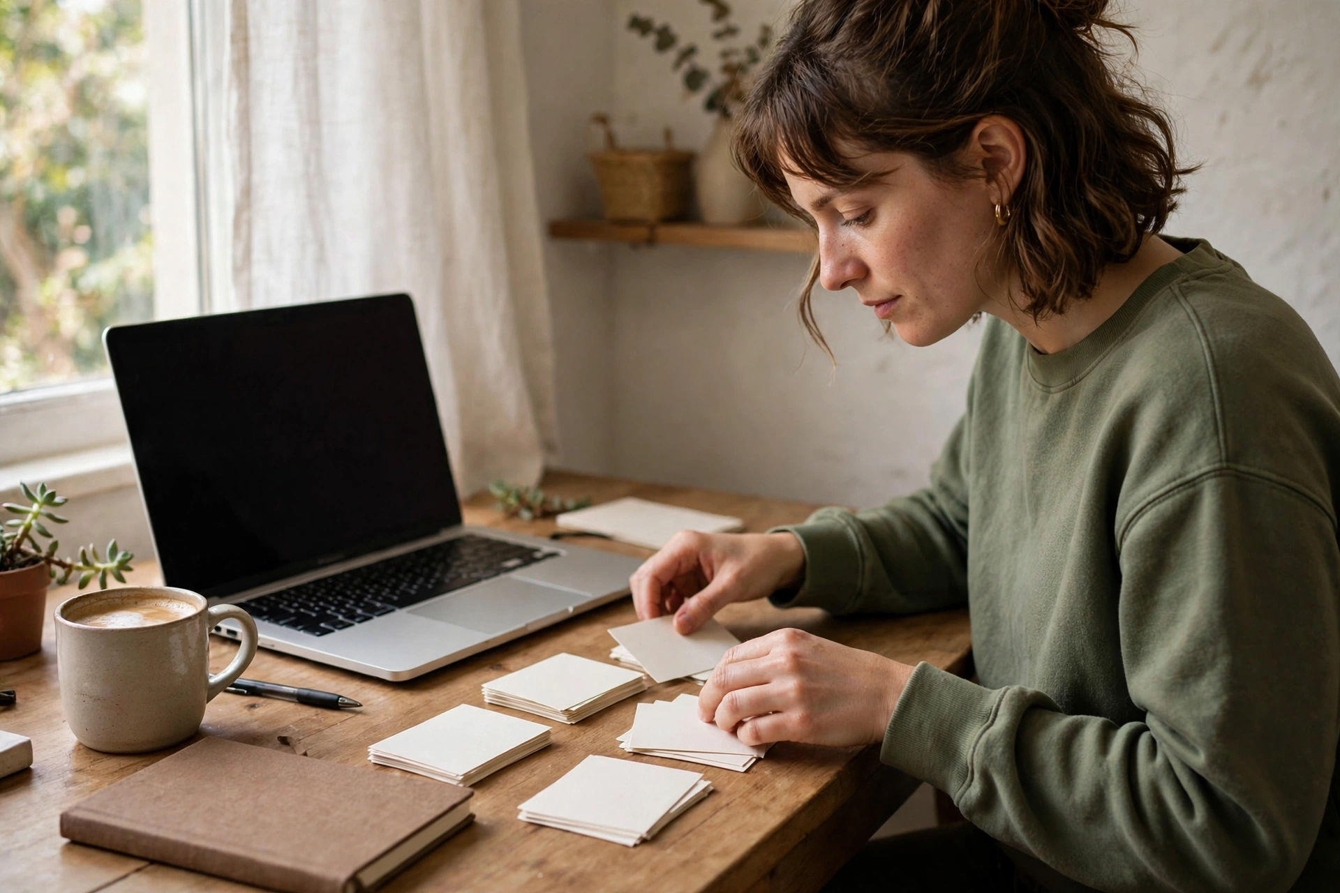 Person sorting prompt cards at a desk, ChatGPT prompt services