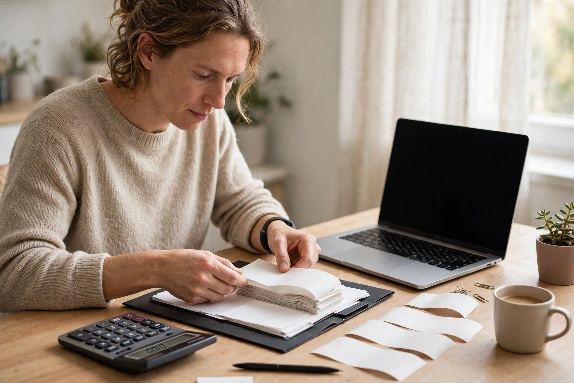 Freelancer organizing receipts and a calculator, ChatGPT income tax records