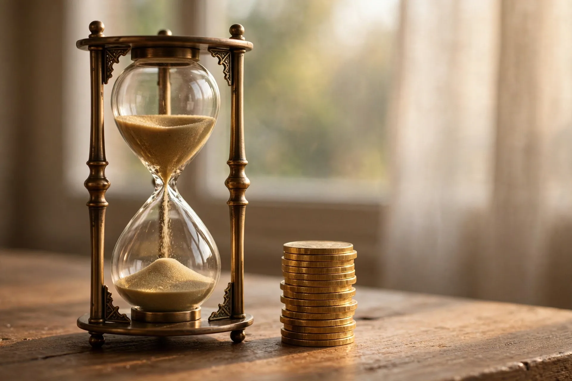 Hourglass and stacked coins representing delayed gratification in a wealthy money mindset