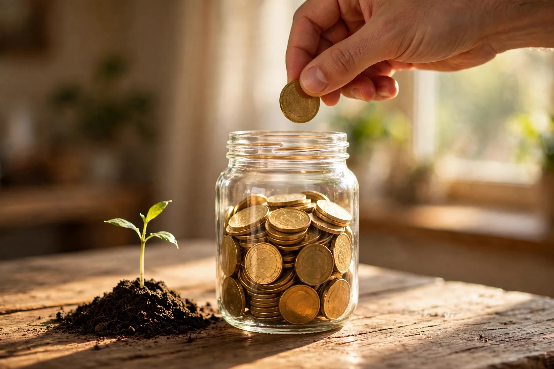 Hand dropping coins into a savings jar for the pay yourself first money mindset shift
