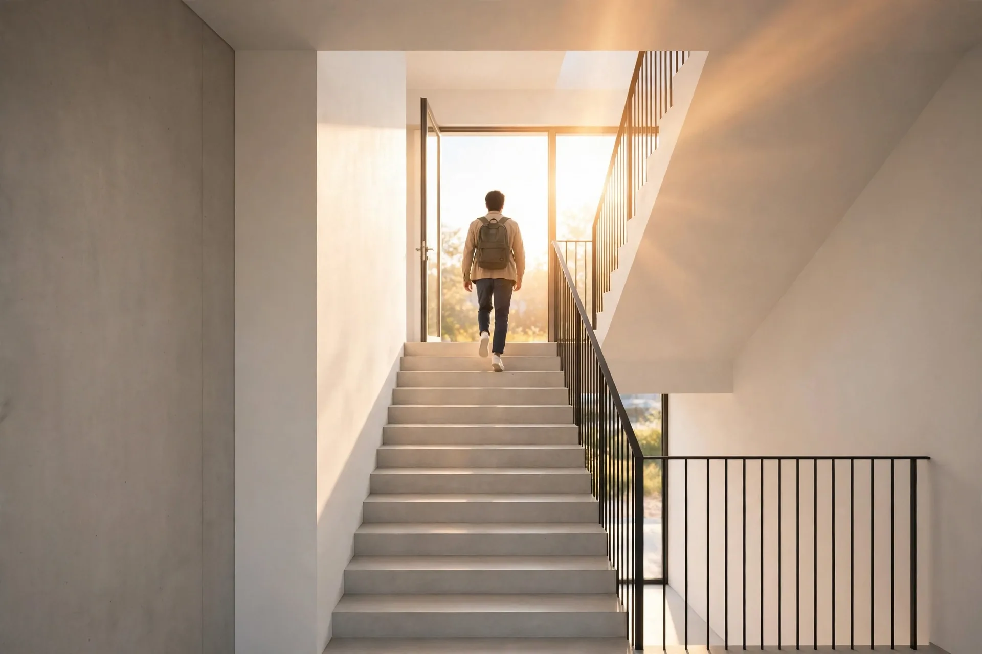 Person climbing a sunlit staircase, symbolizing money mindset progress over perfection
