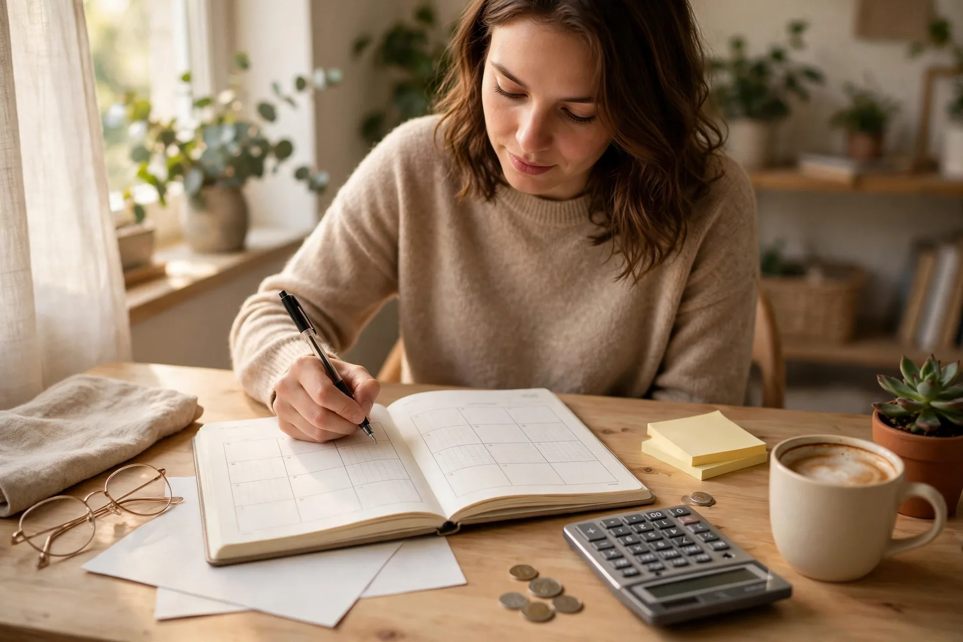 Person tracking monthly budget to avoid money mistakes with spending.