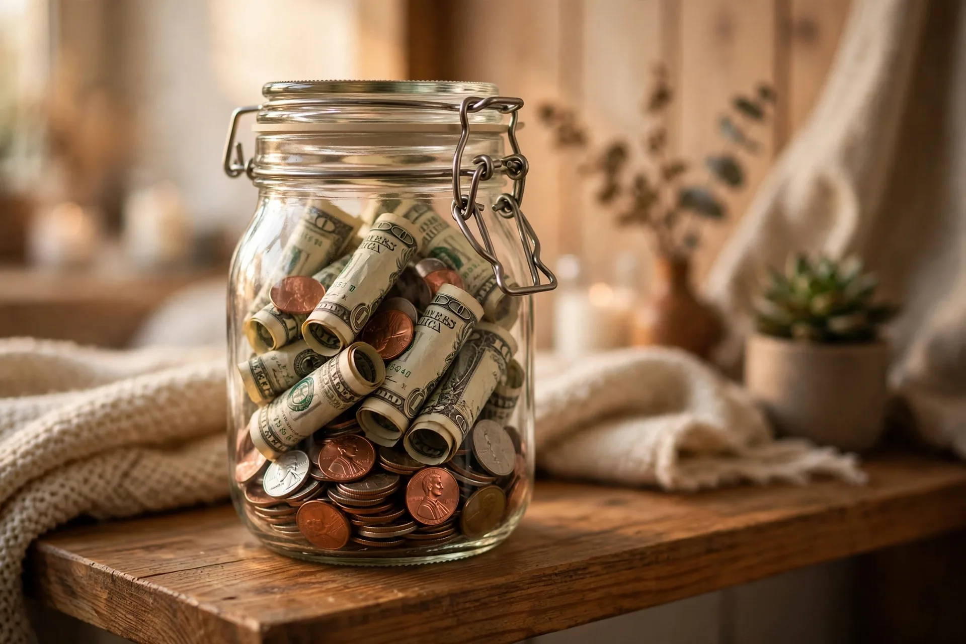 Glass savings jar full of cash for emergency savings and avoiding money mistakes