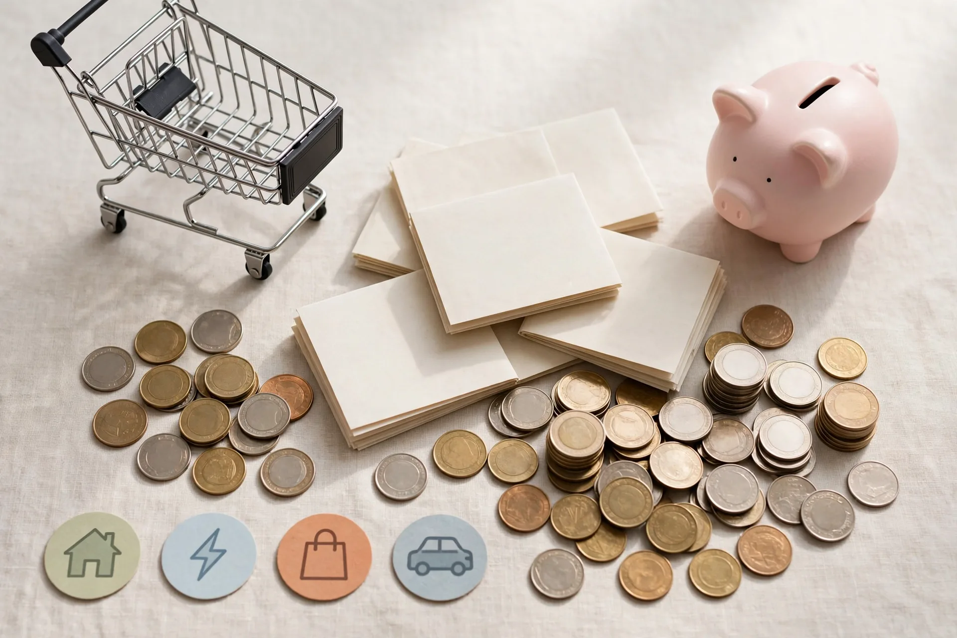 Grocery cart and household bills representing monthly budget spreadsheet categories
