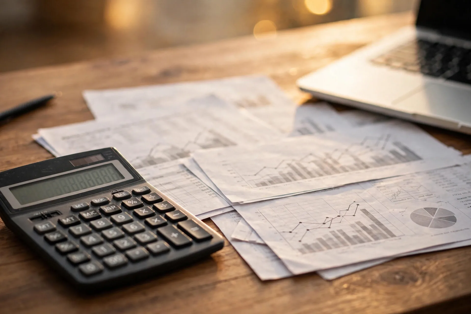 Calculator and financial papers used to set up budget spreadsheet formulas on a desk