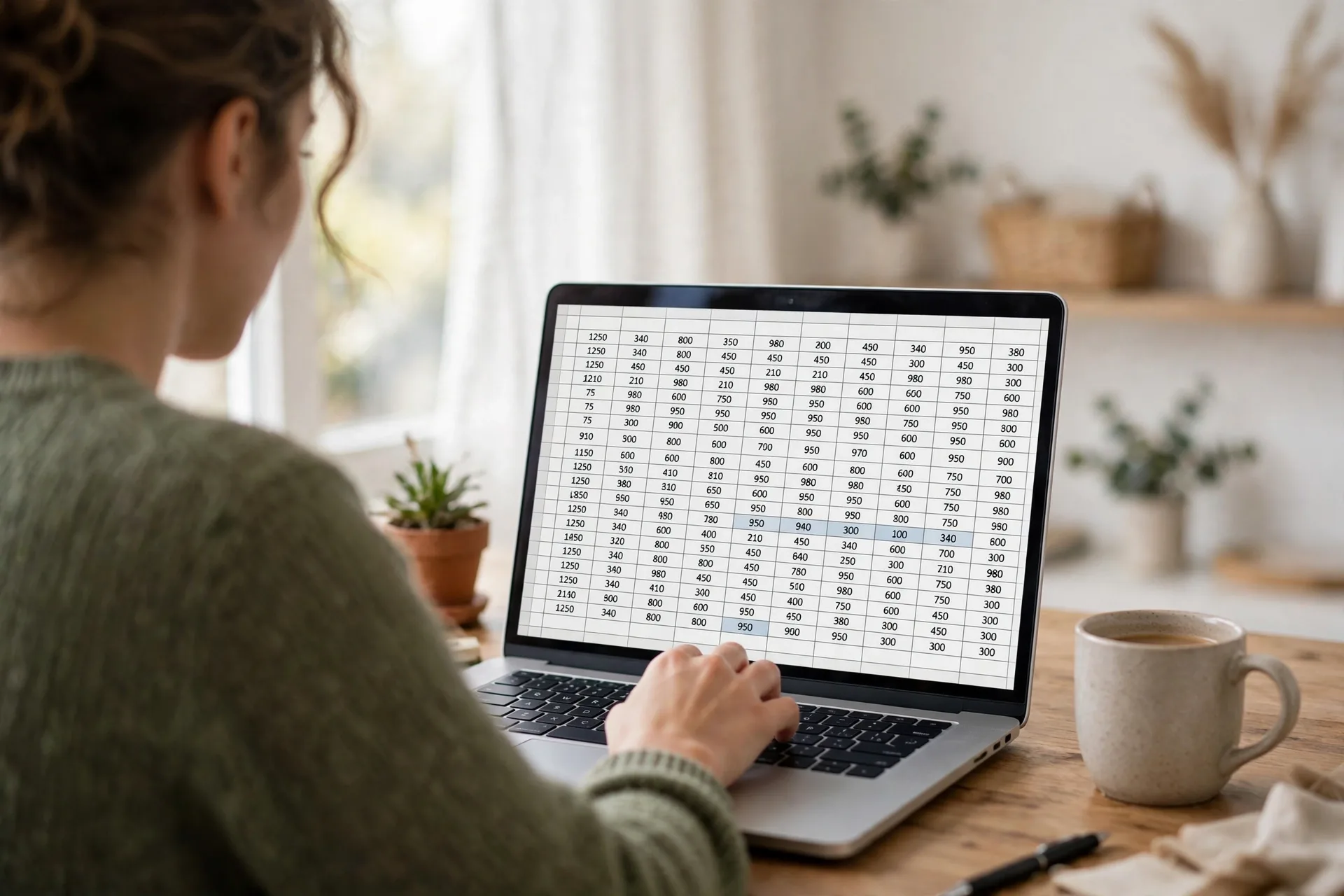 Person building a monthly budget spreadsheet template in Google Sheets on a laptop