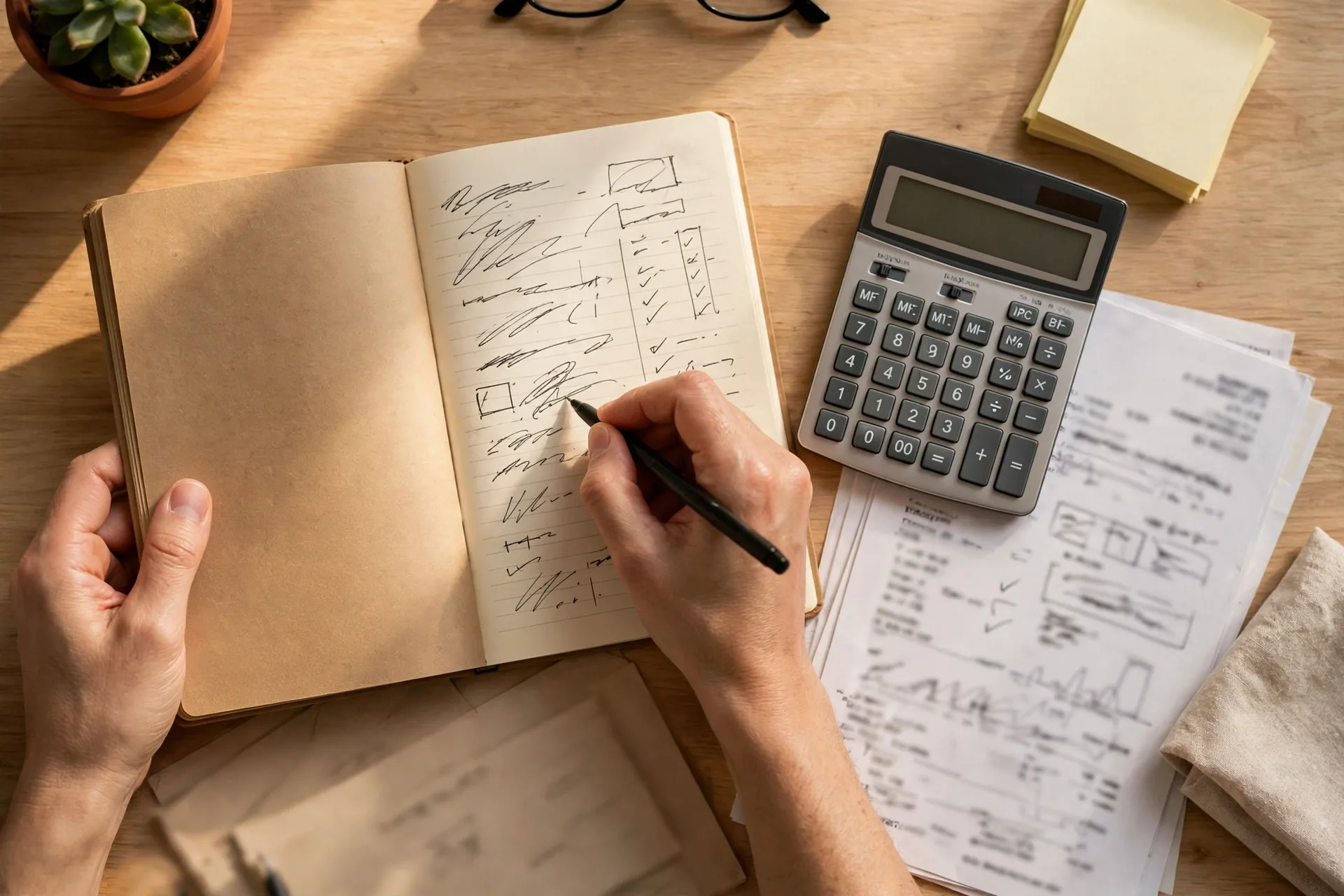 Hands writing income and expense categories for a monthly budget spreadsheet in a notebook with a calculator