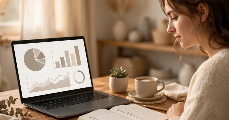Woman doing a monthly money reset finance checkup at her desk with a laptop and budget notebook