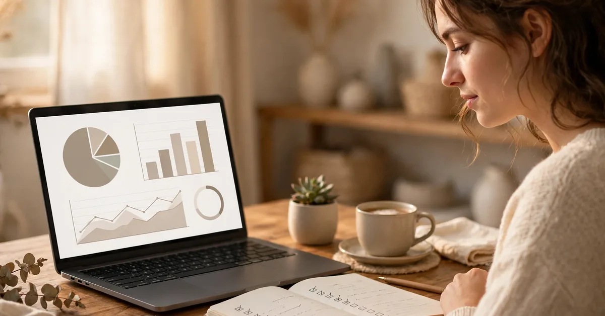 Woman doing a monthly money reset finance checkup at her desk with a laptop and budget notebook