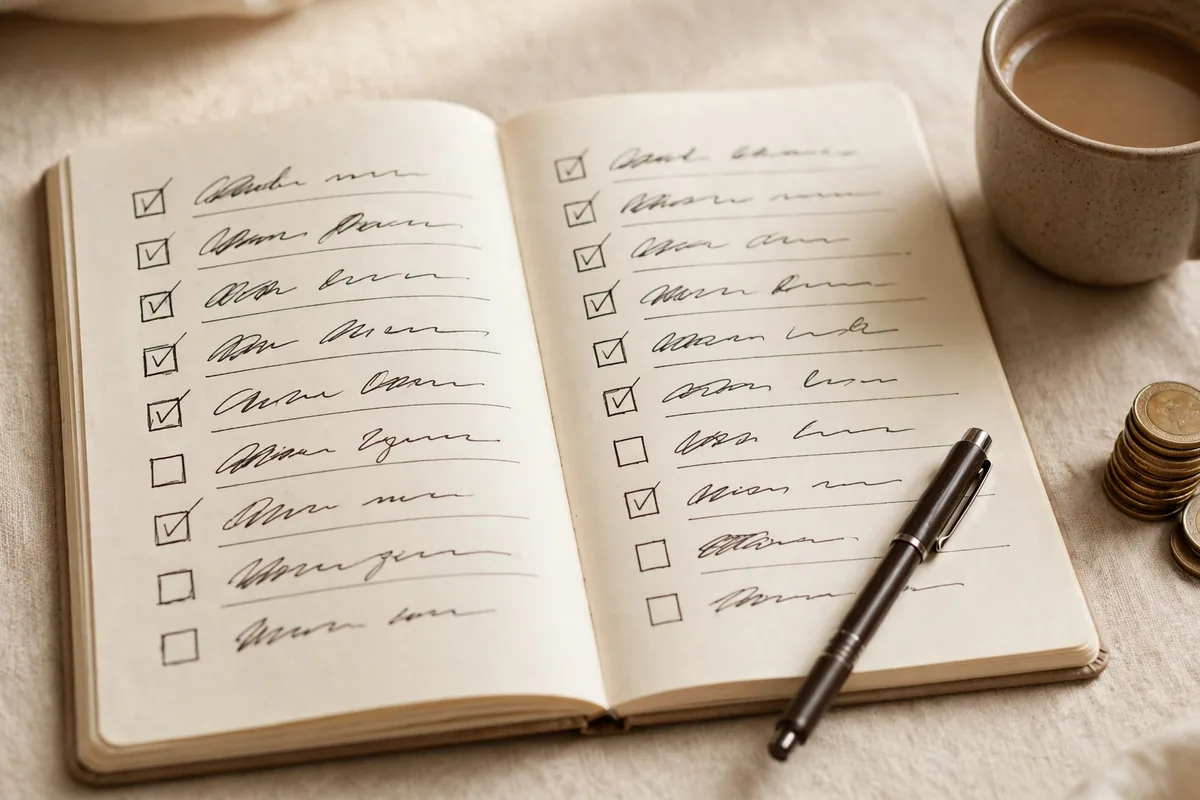 Handwritten monthly finance checkup checklist in a notebook for a monthly money reset routine