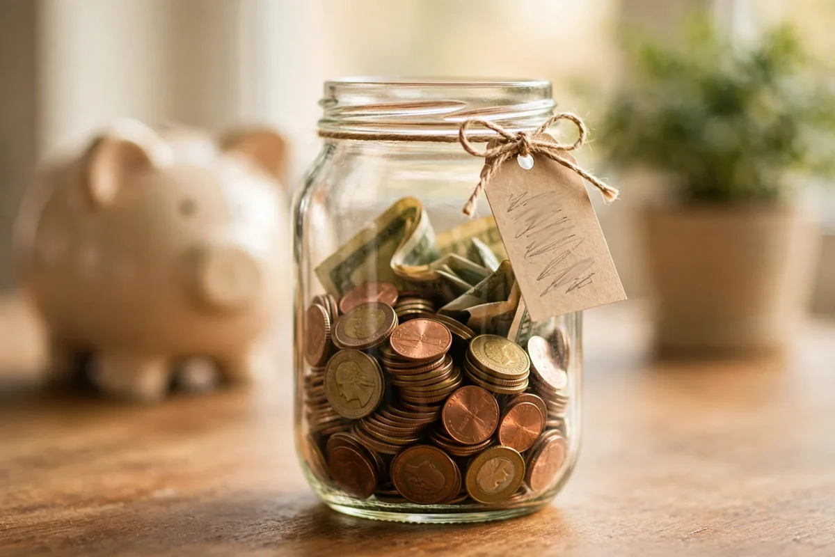 Savings jar filling with coins as a visual for monthly money reset savings goals