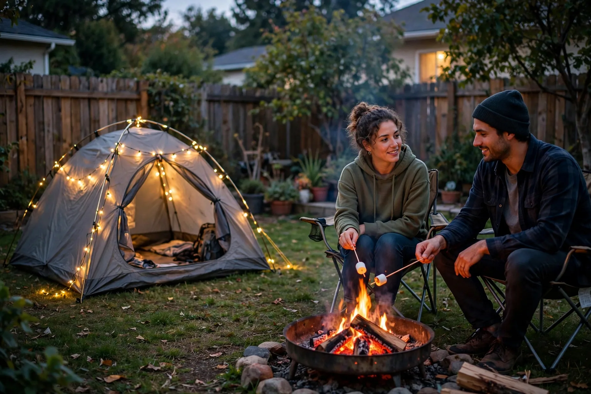 Backyard camping with string lights, a fun no spend weekend idea for families