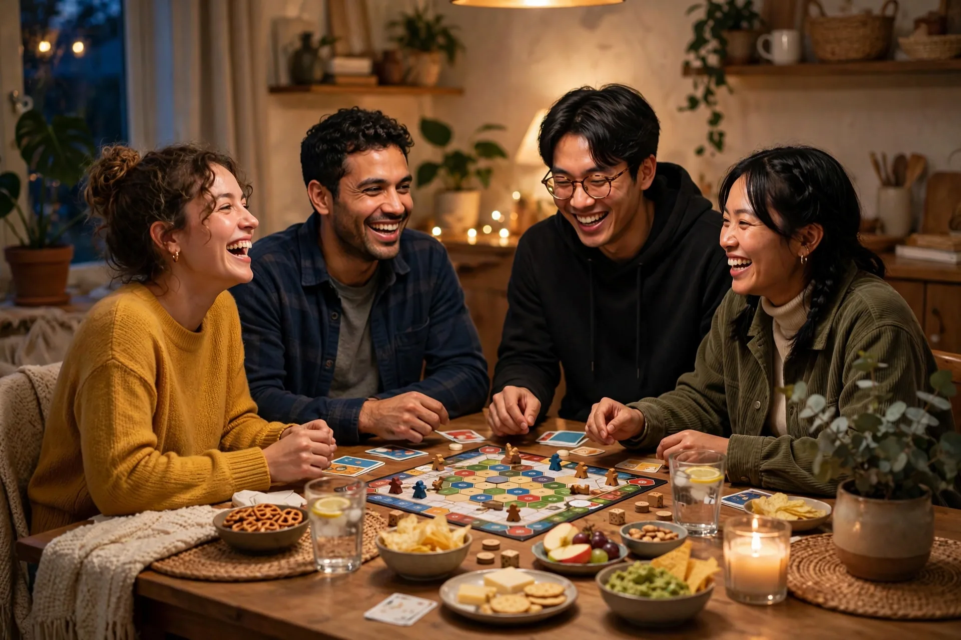 Friends playing board games at a no spend weekend game night
