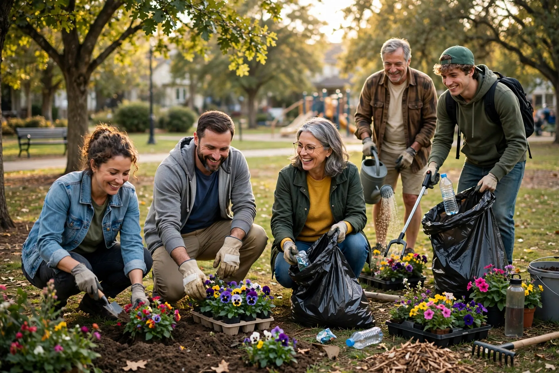 Volunteers cleaning up a park, a rewarding free weekend activity