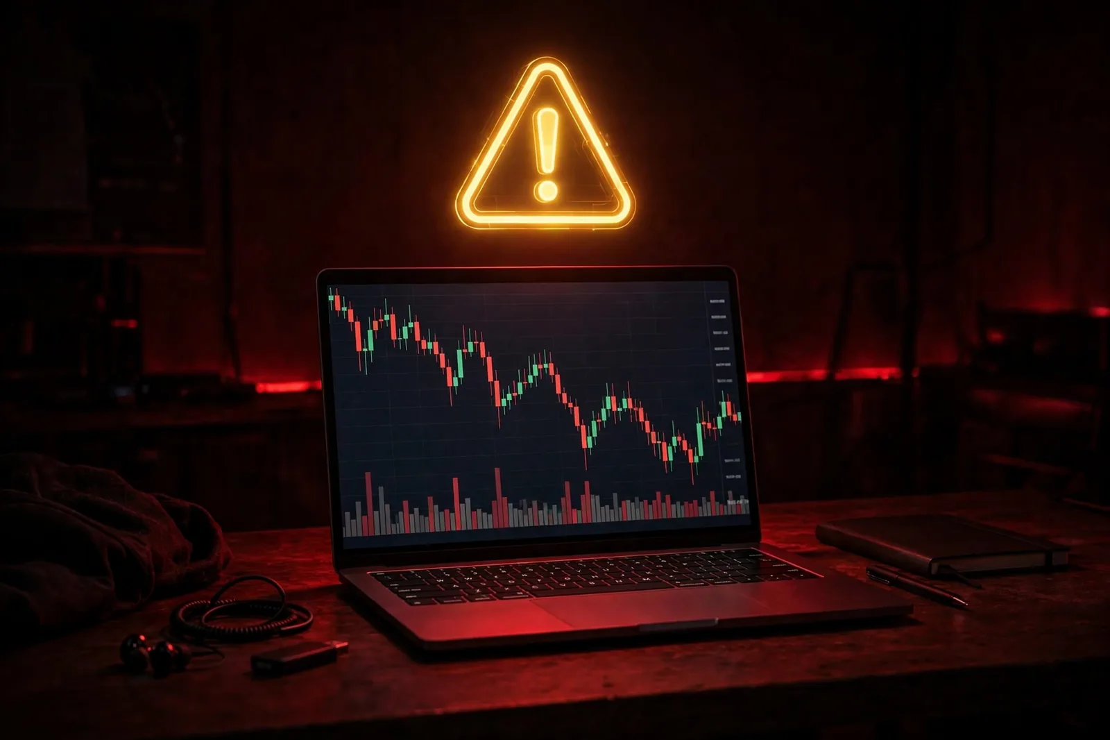 Laptop showing a fake crypto trading dashboard with a warning triangle, an online income scam to avoid in 2026