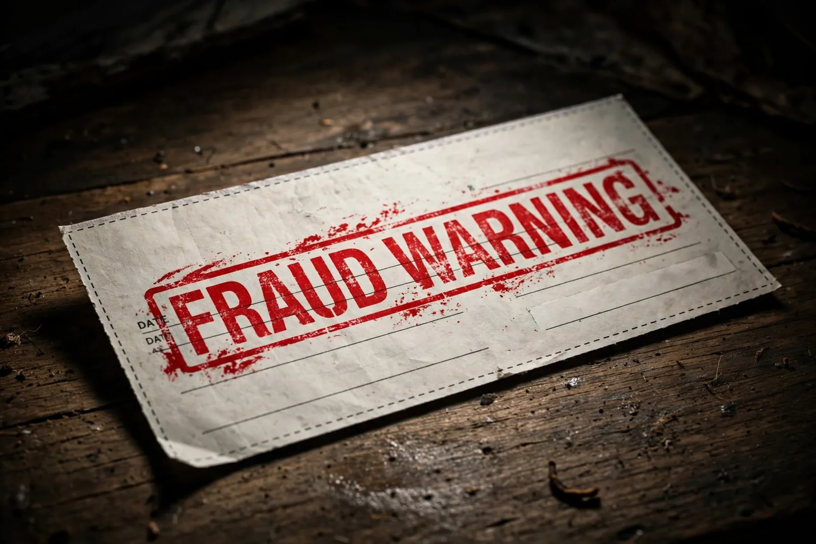 Fake check for an online income scam beside a warning stamp, illustrating check overpayment fraud
