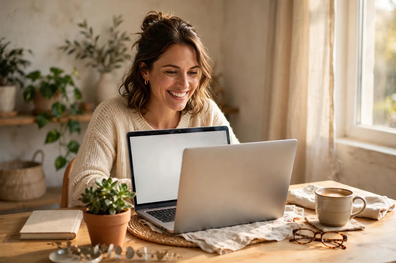 Woman working safely from home on a laptop, representing legitimate online income after learning to avoid scams