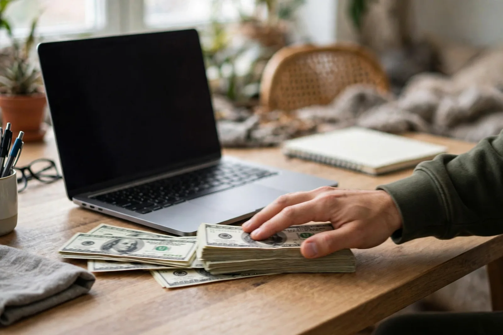 Hand refusing a stack of cash, representing the online income scams red flag of paying upfront fees to get a job