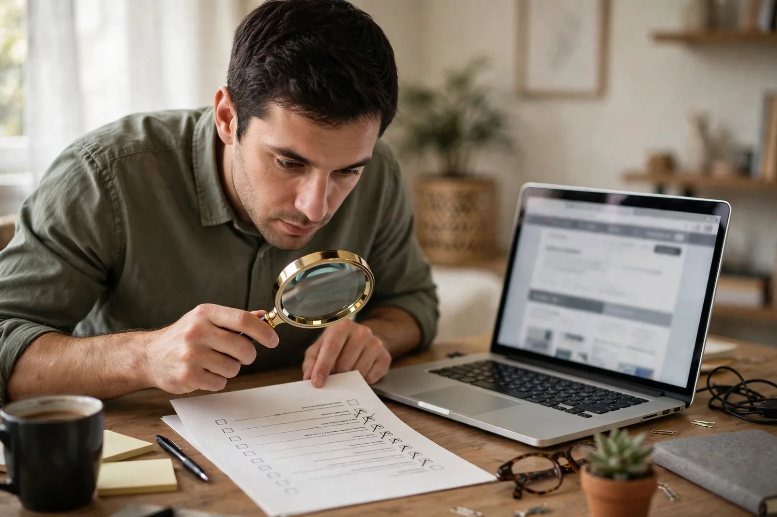 Person checking online income scam red flags on a checklist with a laptop and magnifying glass