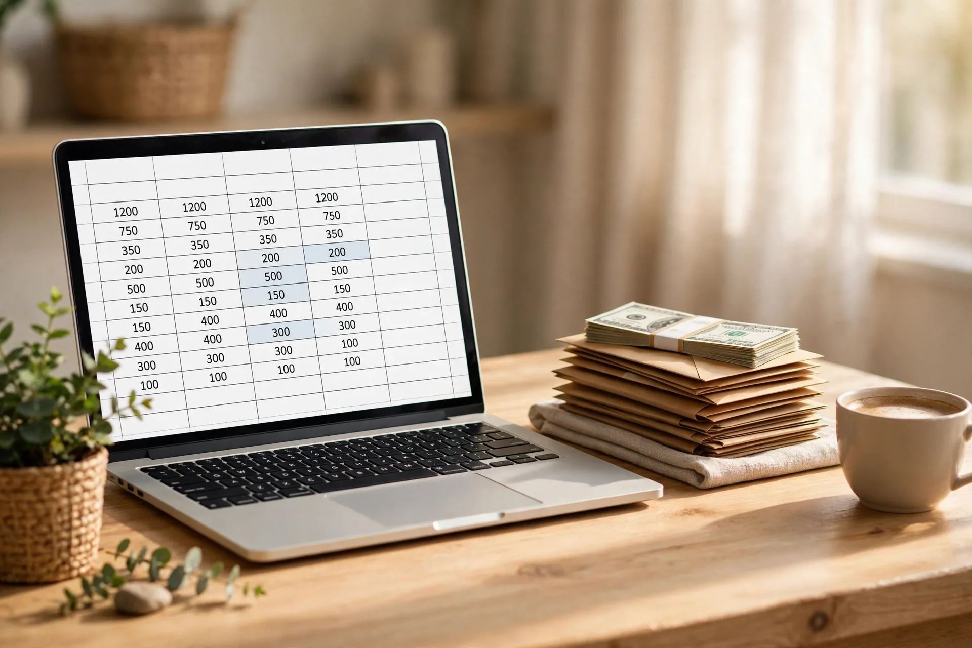 How to organize your money: an organized desk with laptop budget spreadsheet, bills and envelopes