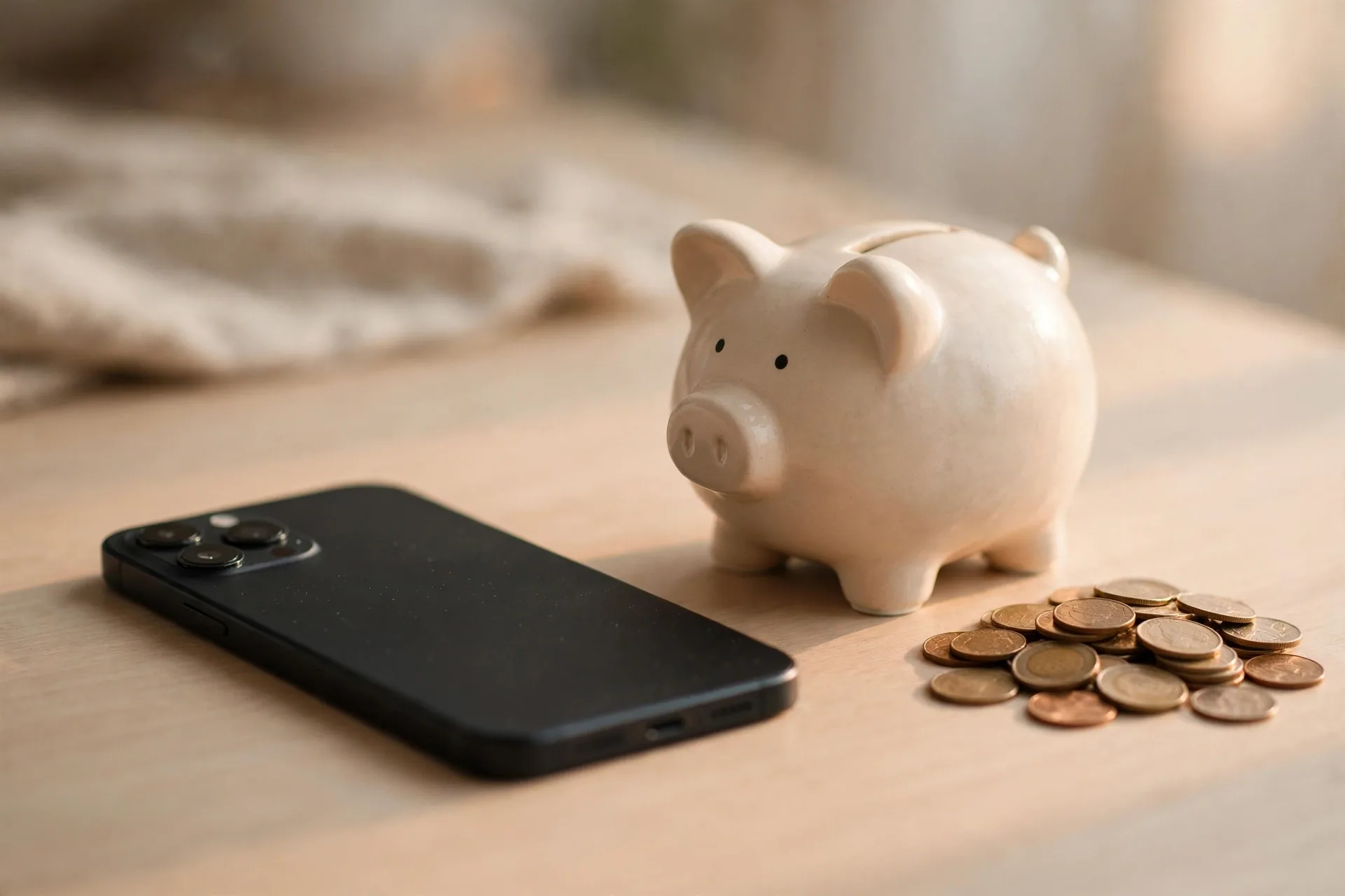Automate bills and savings to organize your money: smartphone banking app next to piggy bank