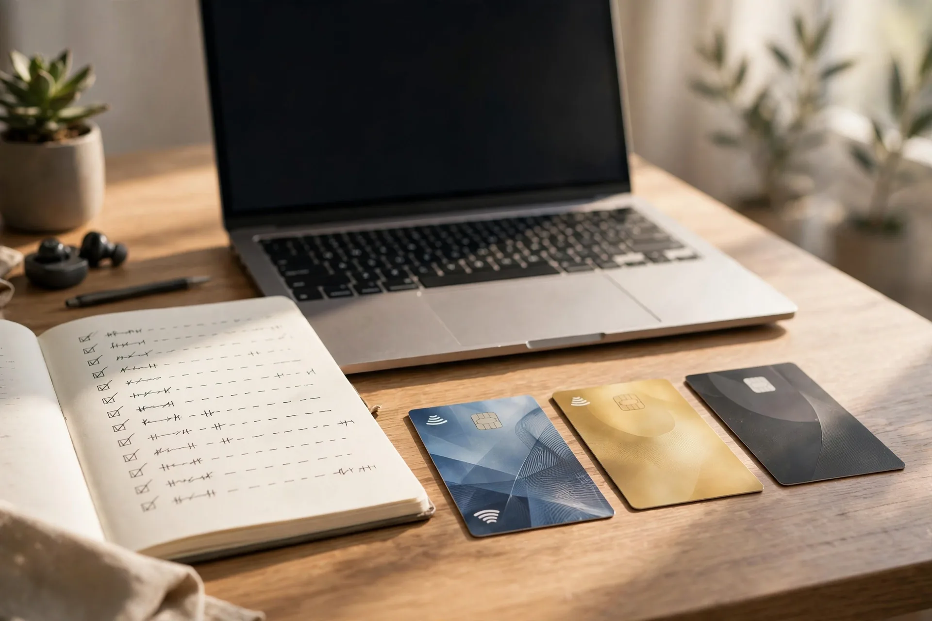How to organize your money by sorting bank accounts: laptop, notebook with account list, and cards