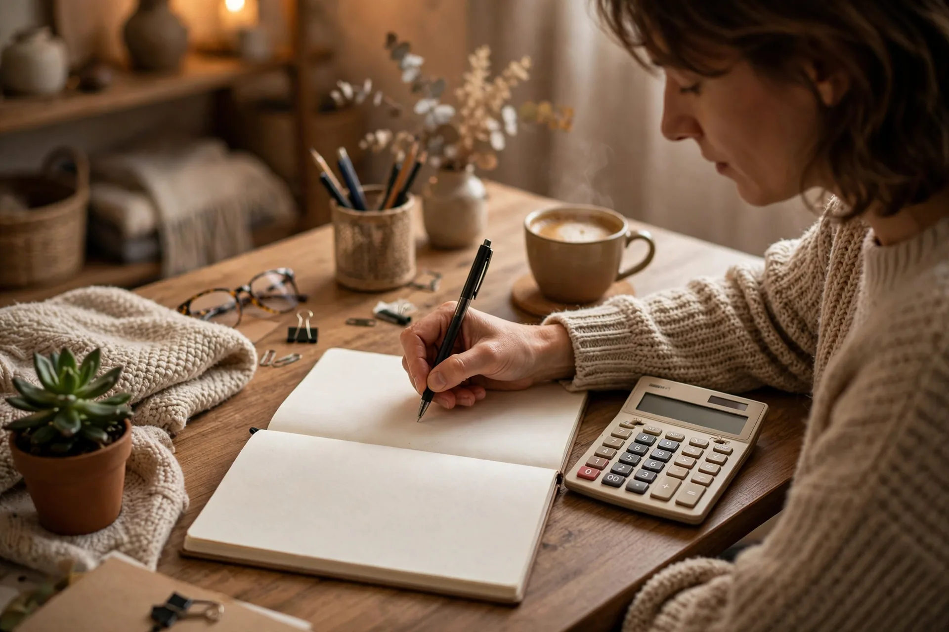Build a simple money organization system budget: writing monthly budget in a notebook with calculator