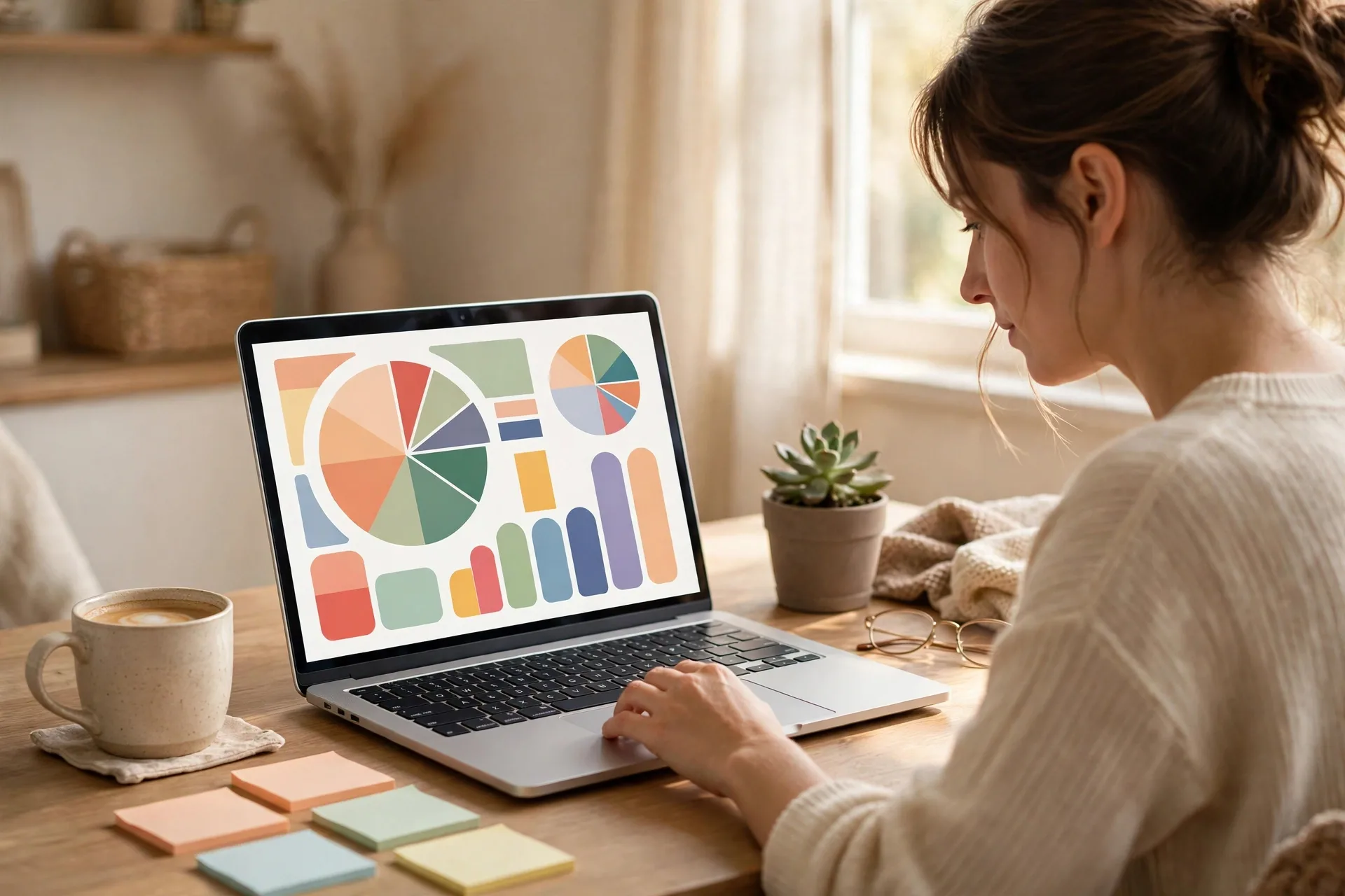 Woman working on laptop at cozy desk, creating digital products for passive income