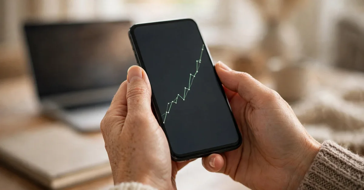 Hands holding smartphone with dividend stock charts, one of the best passive income ideas for beginners