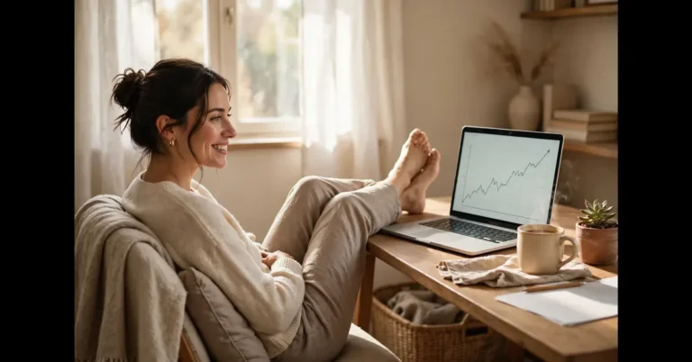 Woman relaxing at home with laptop showing passive income ideas for beginners earnings dashboard