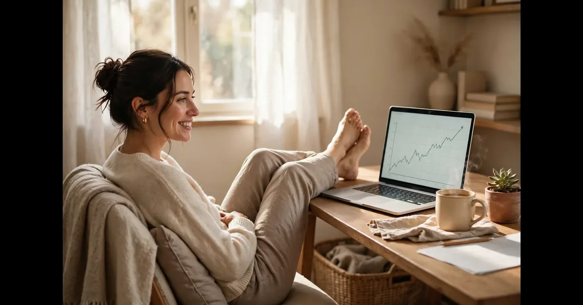 Woman relaxing at home with laptop showing passive income ideas for beginners earnings dashboard