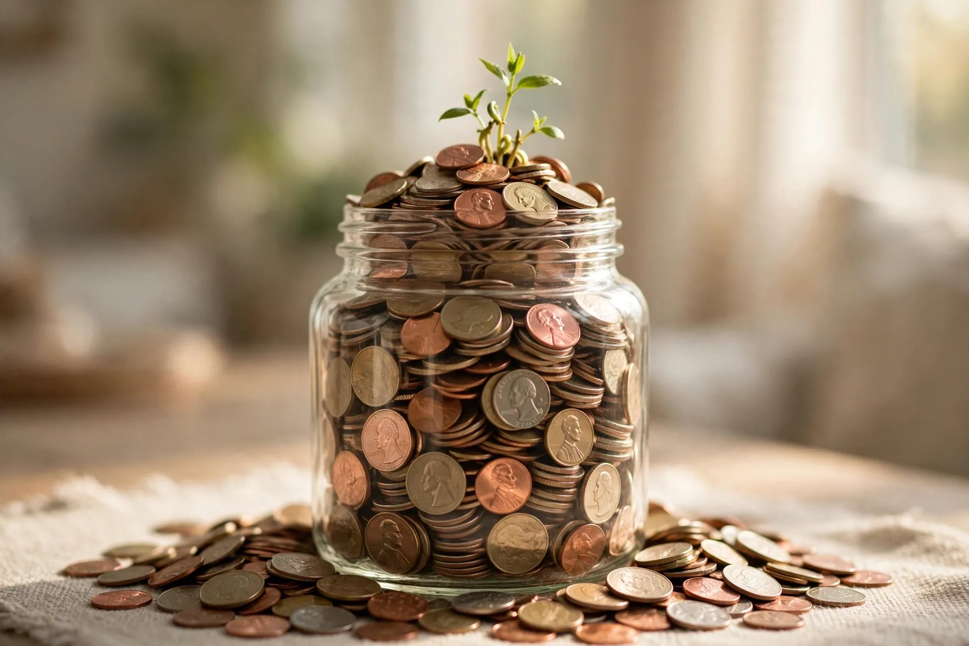 Glass savings jar filled with growing coins, high-yield savings account passive income