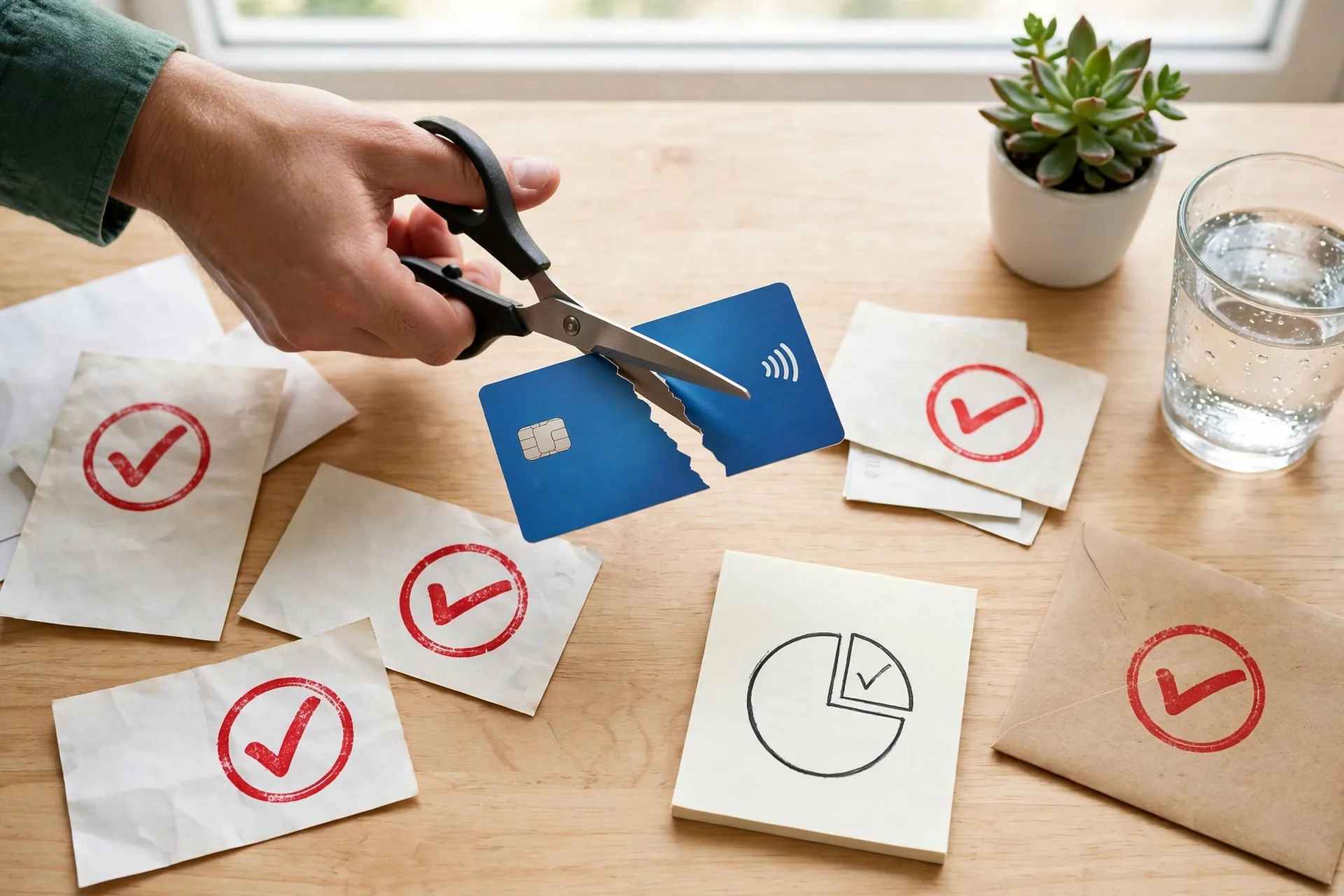 Cut credit cards and paid bills, representing paying off high-interest debt to grow net worth