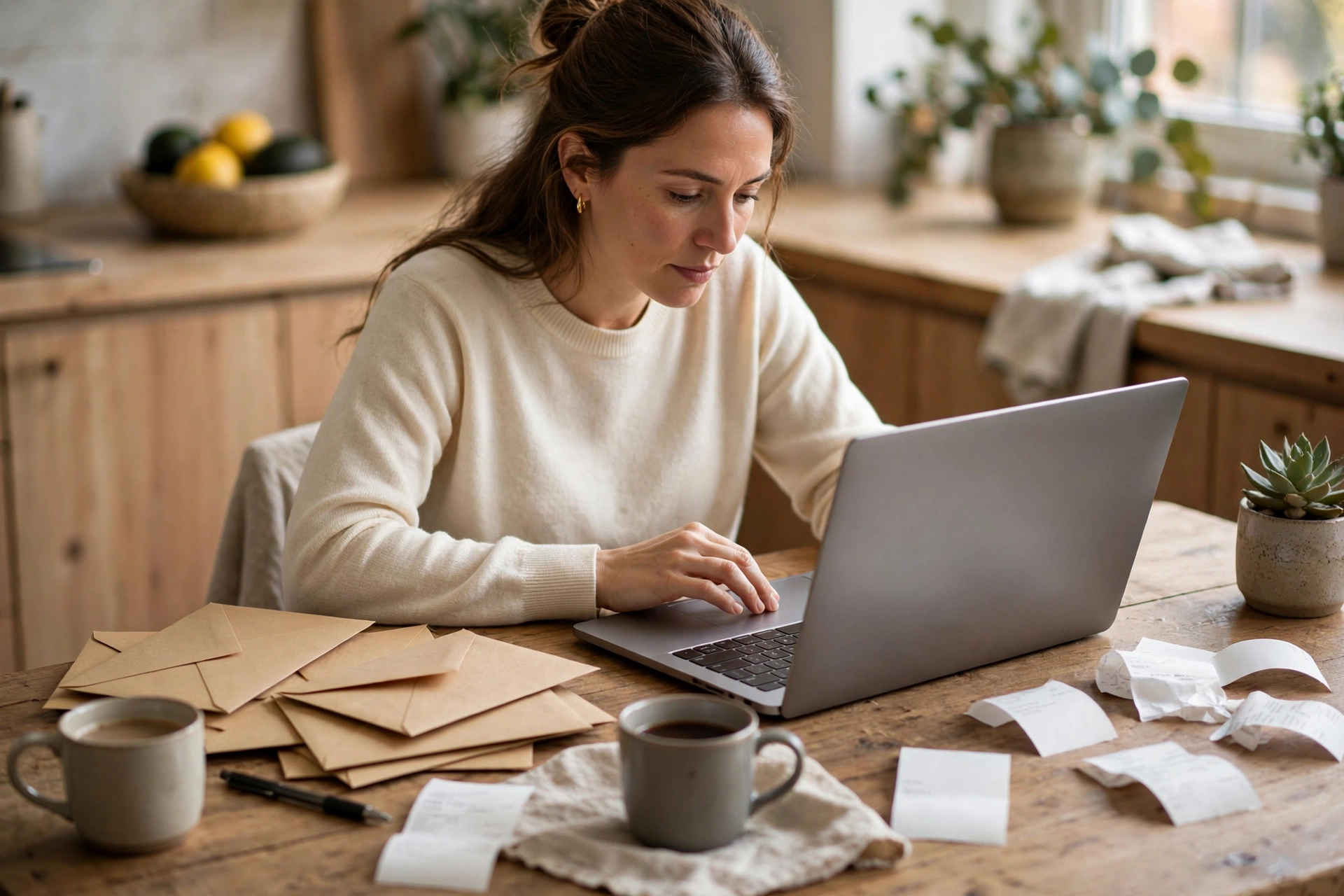 Person paying monthly bills with a laptop, tracking the 70% expenses bucket of a percentage budget