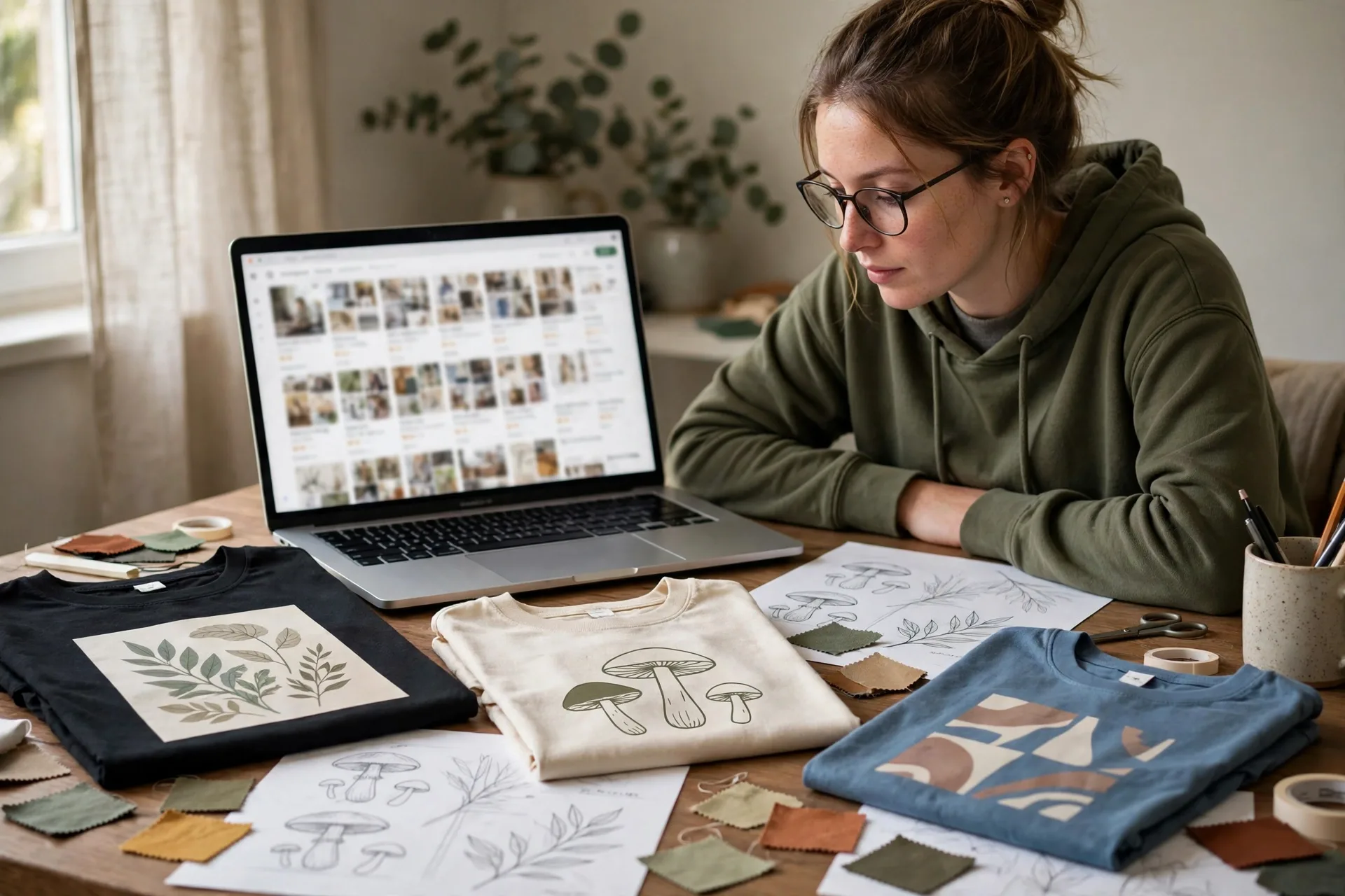 Print on demand for beginners researching a niche with marketplace search results and buyer demand