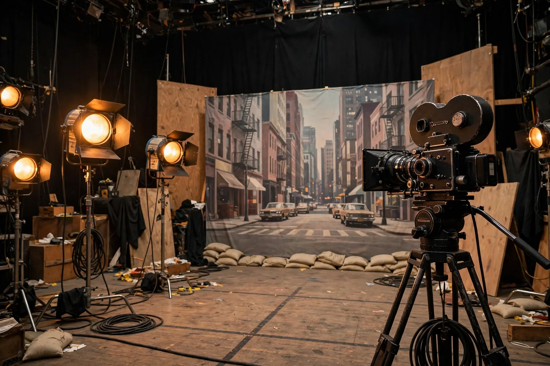 Film set with camera and studio lights, Richard Dreyfuss 1980s comeback films