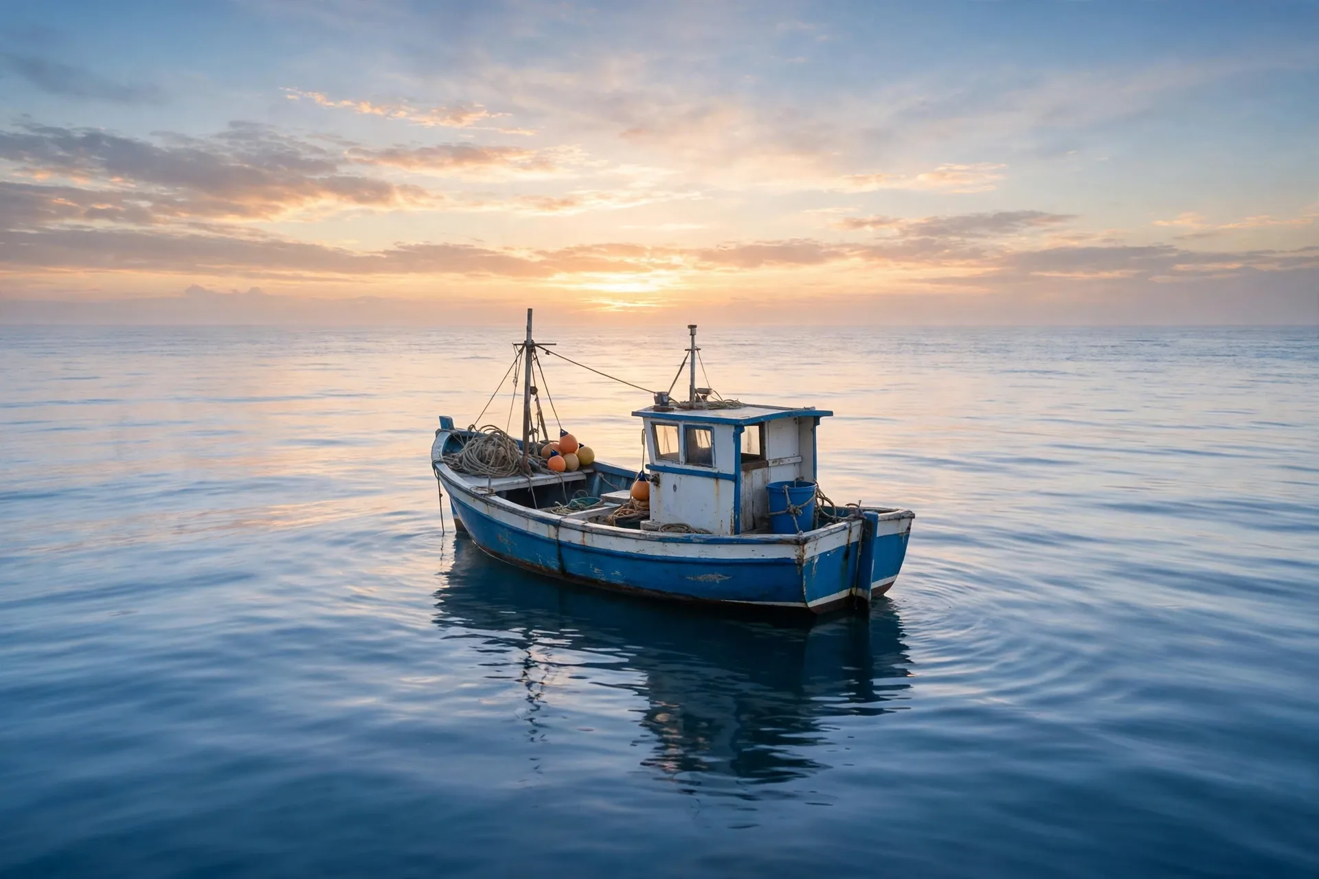 Small fishing boat on open ocean at sunrise, recalling Richard Dreyfuss in Jaws