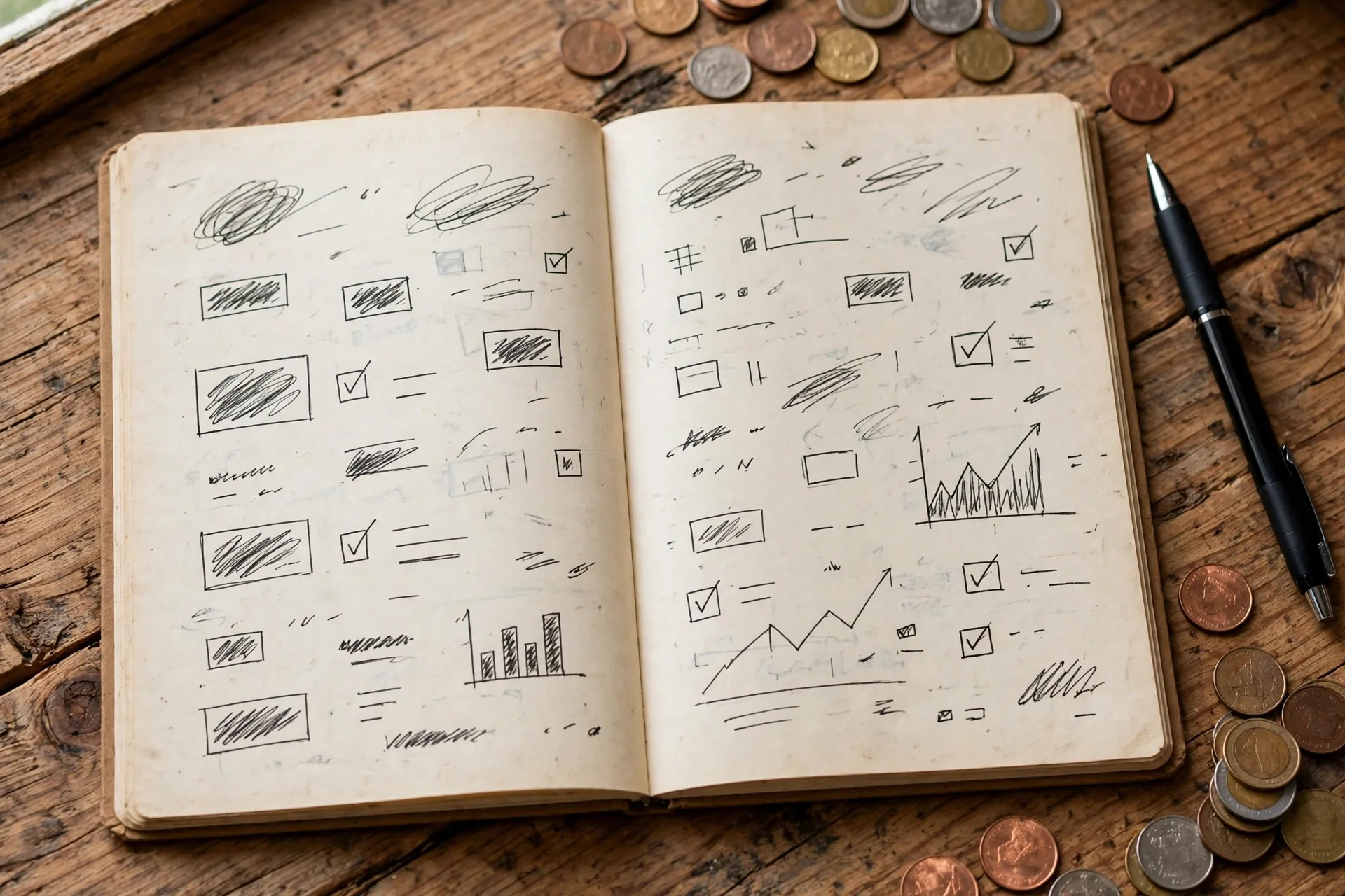 Notebook with a budget plan and coins, money lessons from Richard Dreyfuss net worth story