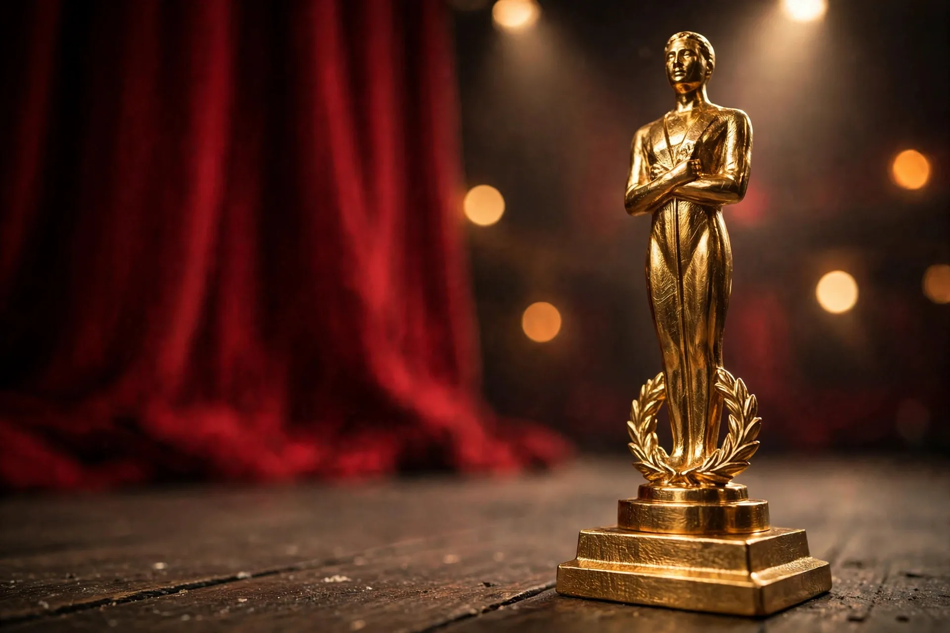 Golden award statuette on a theatre stage, Richard Dreyfuss Oscar win for The Goodbye Girl