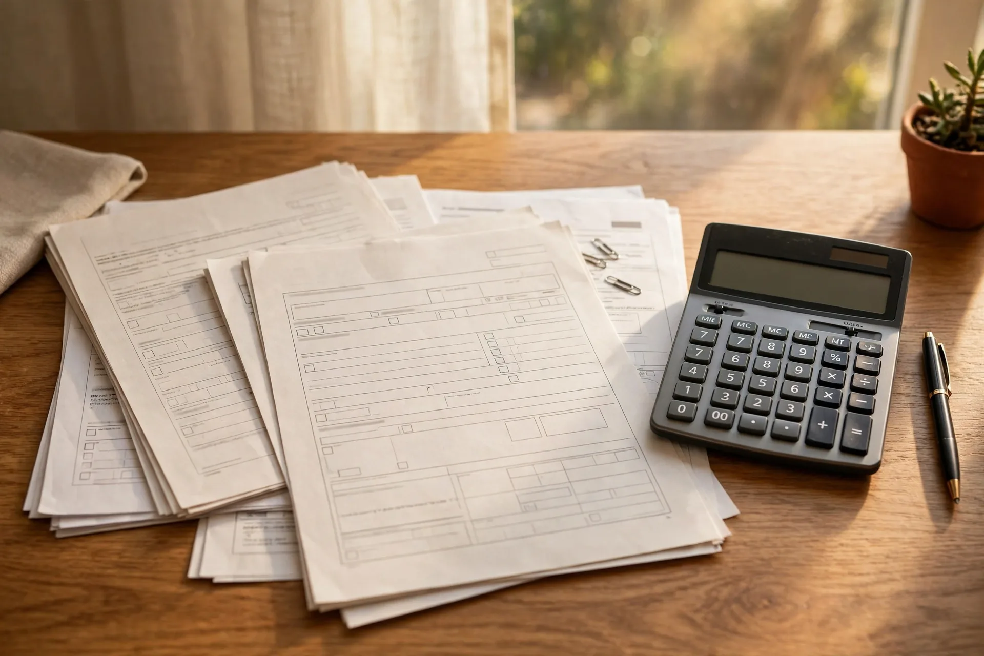 Desk with tax papers and calculator, factors that reduced Richard Dreyfuss net worth