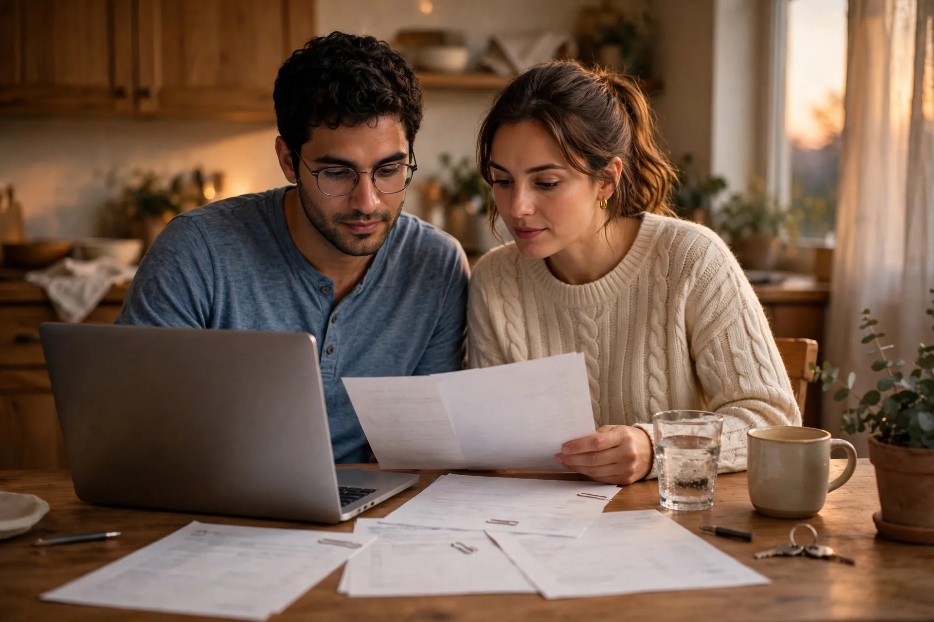 Couple reviewing Roth IRA vs Traditional IRA income rules and tax forms at a kitchen table