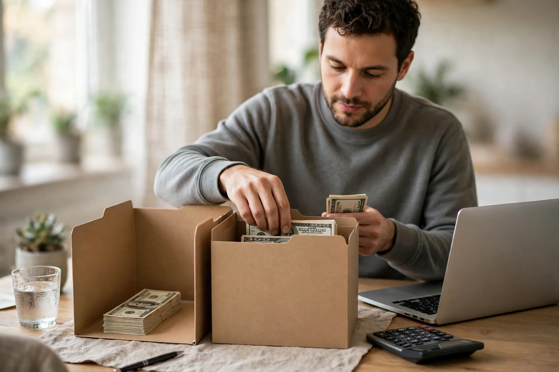 Person sorting money into two folders for split Roth IRA vs Traditional IRA contributions